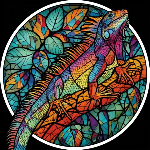 Seamless ceramic tile design, featuring a colorful leguan, style of a Leaded glass window