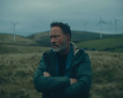 Handheld Shakey footage, the man looks out into the hills. the windmills slowly turn
