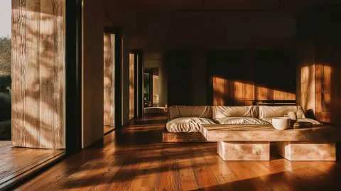 Hyper realistic photo, interior view, modern warm-toned living space where strong directional sunlig