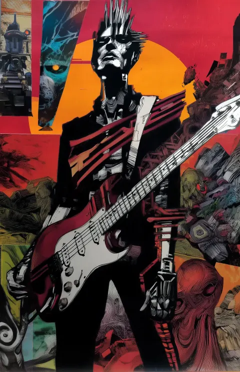 In the style of poster artist Justin Hampton, depicting guy with guitar : bright orange sunny summer