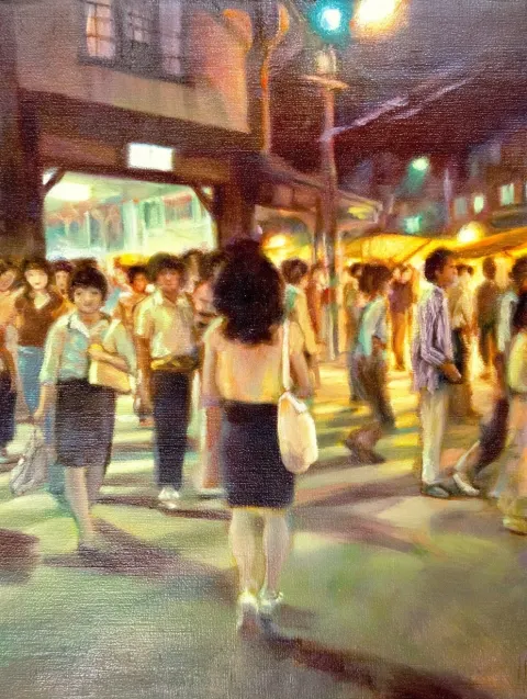Japanese,,people,, ,,year 1981,, ,bare legs ,legs focus,,from behind ,oil painting ,1 woman