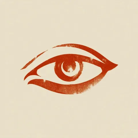 Logo mark: eye that sits between illustration and symbol, warm terracotta on cream