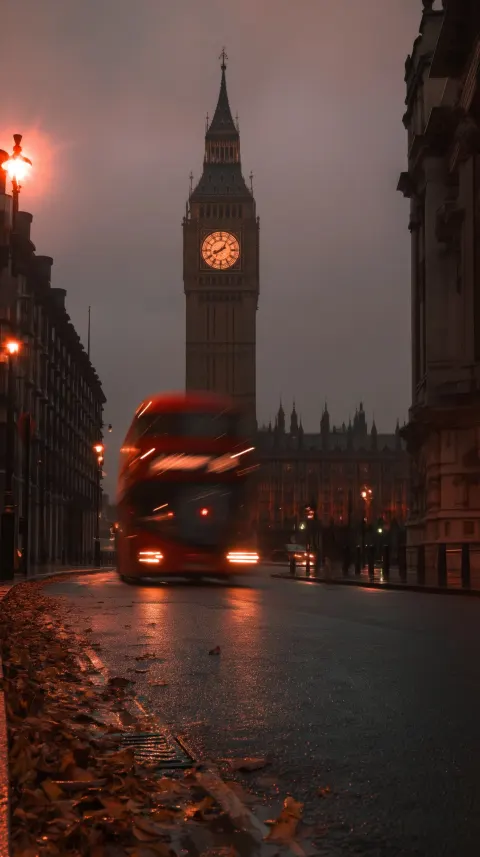 London street, big ben tower in the background, red double-decker bus driving by