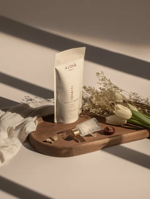 Minimal spring product photography, warm beige background
