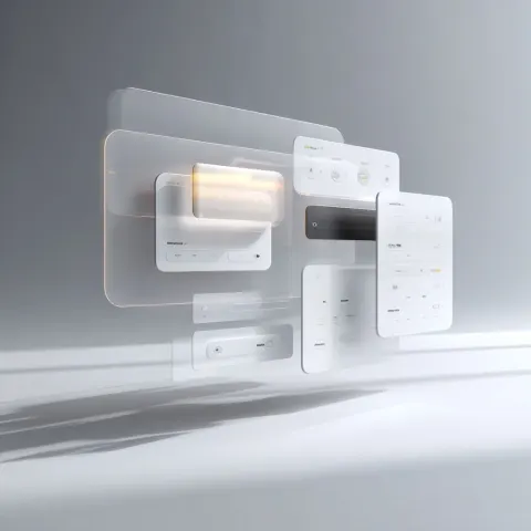Minimal UI abstract background, floating interface elements, soft glassmorphism, clean layout