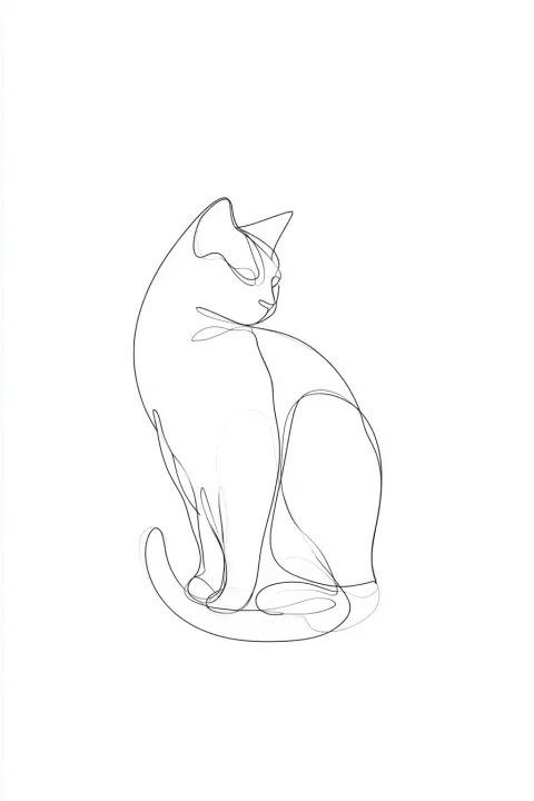 Minimalist elegant cat line art, seated cat in 3/4 view, broken contour outline
