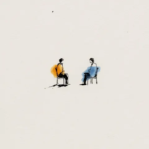 Minimalist ink illustration, clean and sparse. Two seated silhouettes facing each other