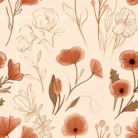 Minimalist tiny wildflower pattern, dainty line art, soft cream and terracotta tones