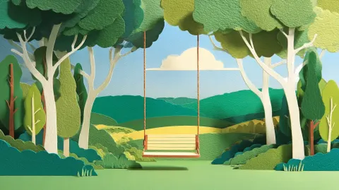 Paper Cut Illustration, Playground background, 1 empty swing, green grass and trees, daytime