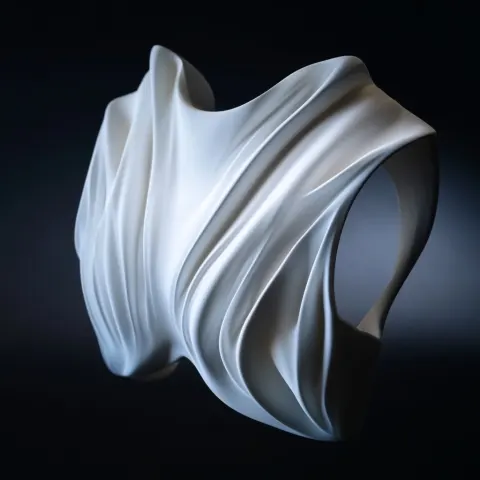 Parametric wearable chest sculpture, 3D printable jewelry, Zaha Hadid style, fluid curves