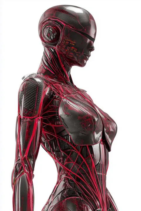 Photorealistic, ultra high detail, cybernetic female biomech body, intricate red energy veins