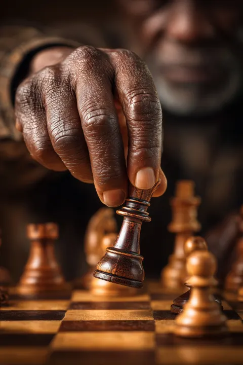 Premium Advertising Style: mature black man playing chess