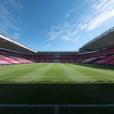 Southampton's St. Mary's Stadium on a blue sky day, green grass, red stands