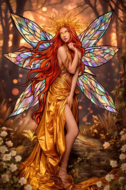 Stained-glass image of a Fairy queen, full body shot, wearing a golden flower crown