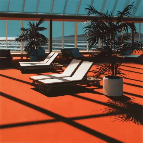 Sunbeds inside a cruise ship solarium, some plants, simplistic, illustration by hiroshi nagai
