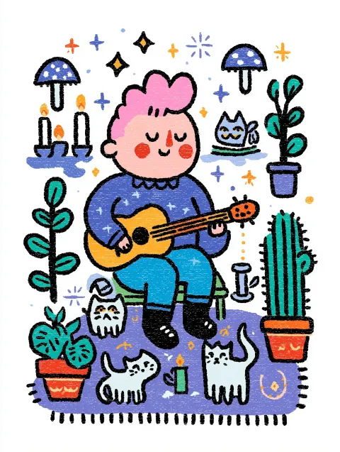 **Tattoo flash of a chubby brown-skinned girl with short teased neon pink hair