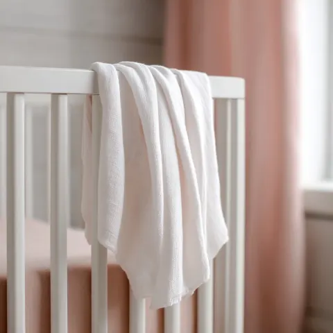 Pure white jersey swaddle blanket gently draped over crib rail, close-up lifestyle photography