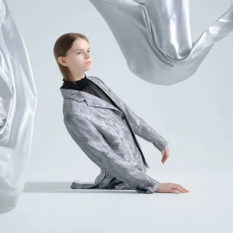 Silver Floral Print Tailored Jacket, Floating Fabric