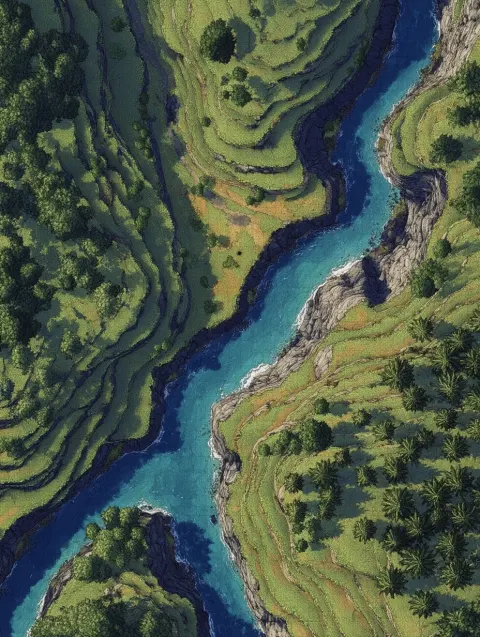 Top down 2D strategic battle map with terrain illustration