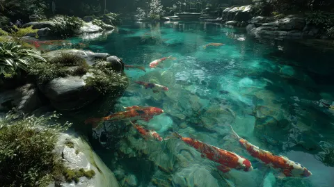 Ultra-realistic 4K image of a beautiful, crystal-clear lake surrounded by lush green nature. The wat