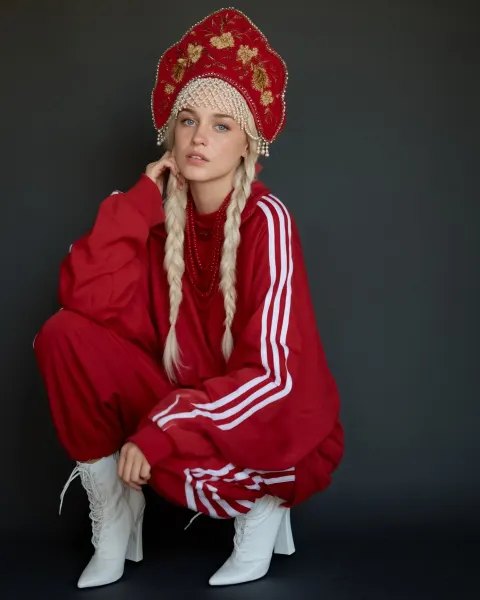 Ultra realistic full body fashion model, young Slavic woman, platinum blonde twin braids