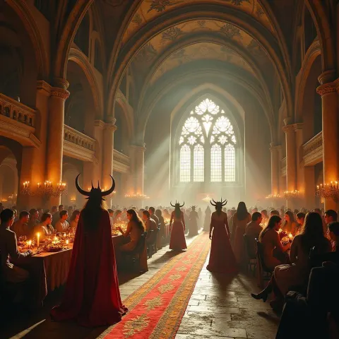 Horned Revelers Feasting in a Medieval Hall