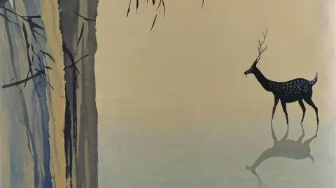 Sacred encounter with the nine-colored deer in traditional Chinese ink wash style