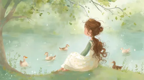 Whimsical storybook illustration of a very young girl with long curly brown hair in a ponytail sitti