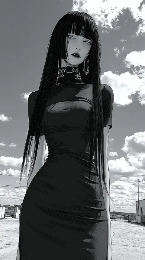 Long straight hair, bangs covering the eyes, slender figure, fair skin, heavy makeup