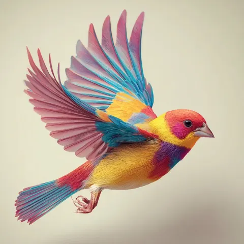 Colorful bird flying towards the camera infront of a blank background