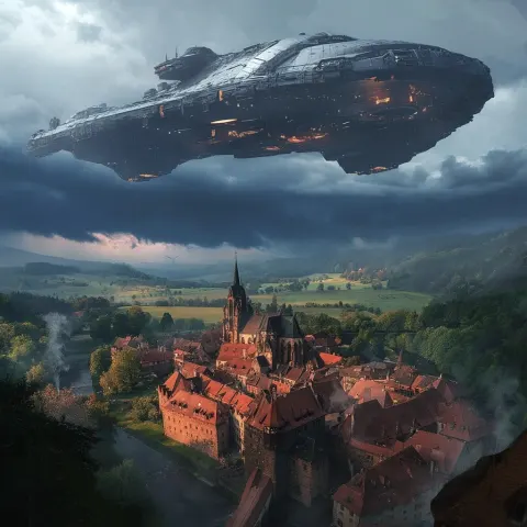 Extraordinary futuristic space ship above medival town clouds thunderstorm