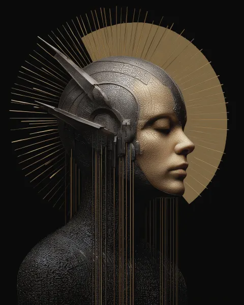 Dystopian wonderland, glowing accents, shiny metal, cyber warrior portrait