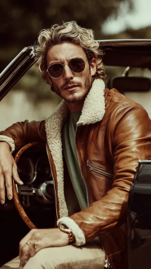 Vintage style photo shoot. A blonde man sitting in a black vintage car
