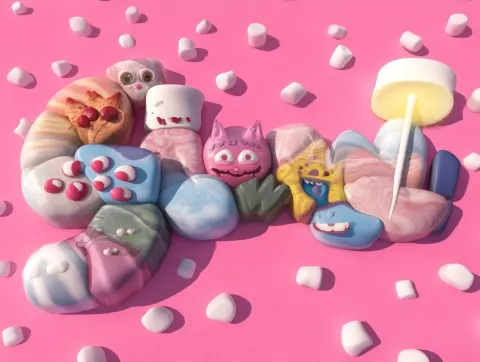 Whimsical lettering, bold letters, text "Glow", made from marshmallows, pink color pallette