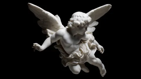 A flying cupid, made of marble, full-body image, black background, photograph, studio lighting.