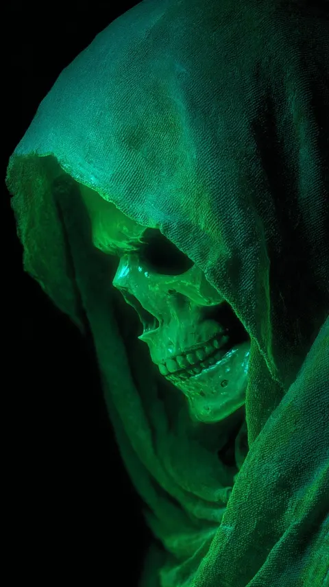 Skeletal figure in a green hooded cloak, close-up view