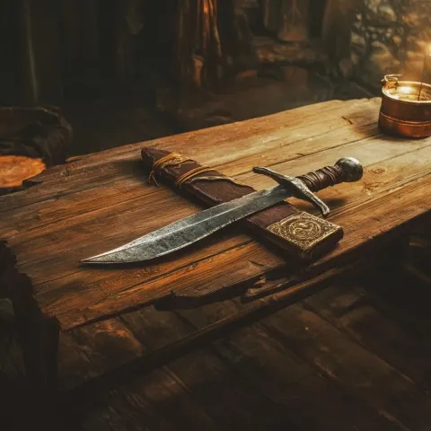 Crude simple medieval hunting knife on a wooden table in armory, dark fantasy equipment art