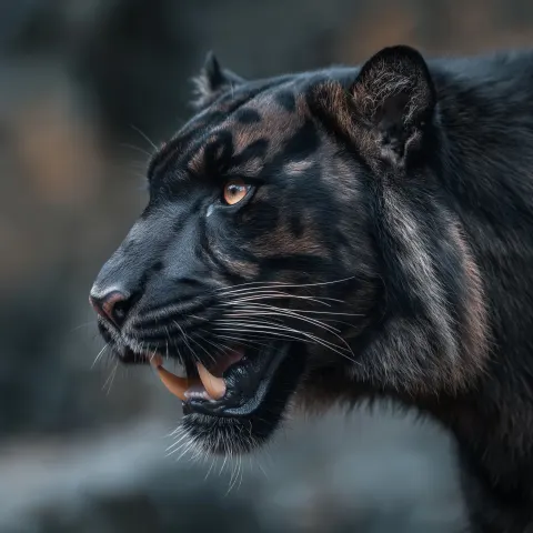 Side profile of a melanistic tiger growling