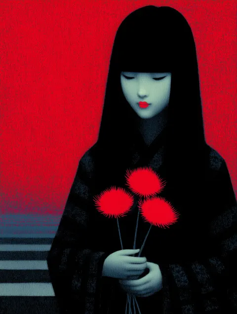 Flat Oil Painting Close-up of a Girl with Flowers