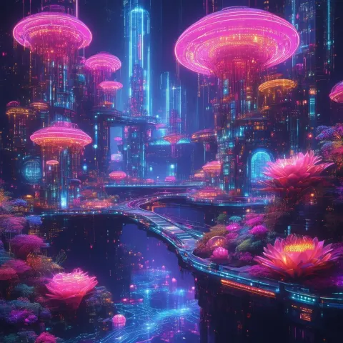 Neonpunk Abyss of Cybernetic Flora and Shadow