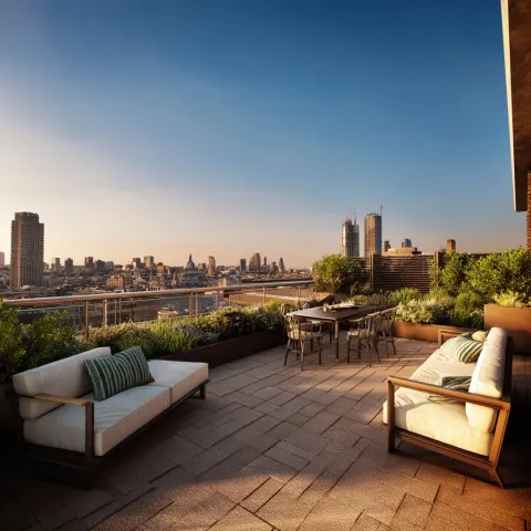 Modern roof garden in London, with minimal modern outdoor furniture, commercial roof garden