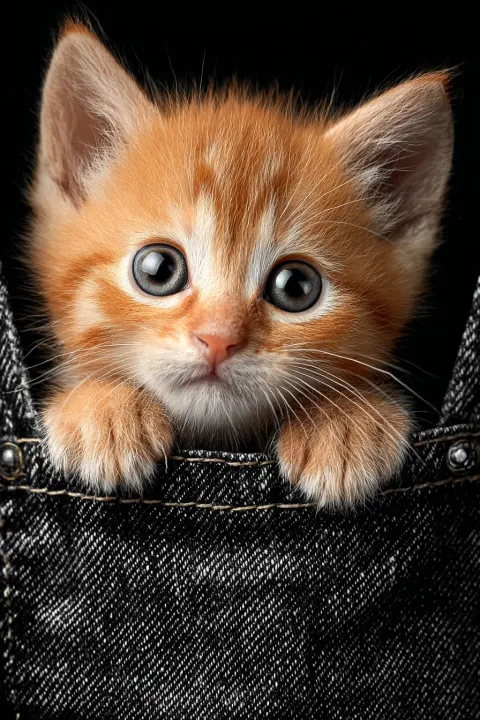 The cute orange kitten is peeking out of the jeans pocket