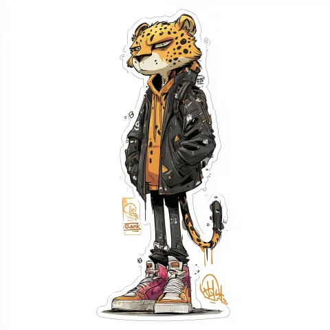 Cool anthropomorphic cheeta, character design, sticker, Full body shot, anime style, manga art