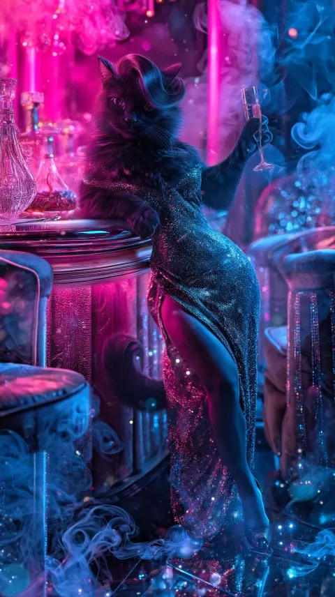 Cute plump black she-cat styled as an absurd luxury nightclub goddess, smooth short black fur