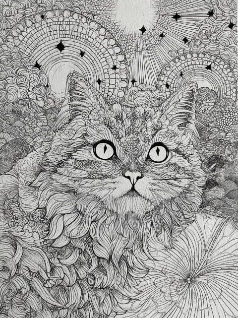 Coloring book page of cat, cute AND magic, black AND White, no shading