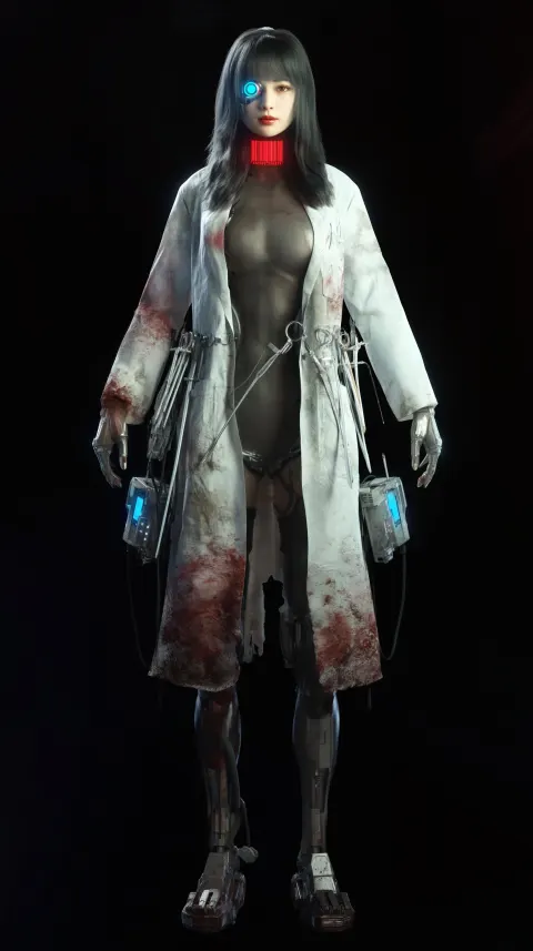 Cyberpunk Asian face female character portrait, front view, battle angel, half-human half-cyborg
