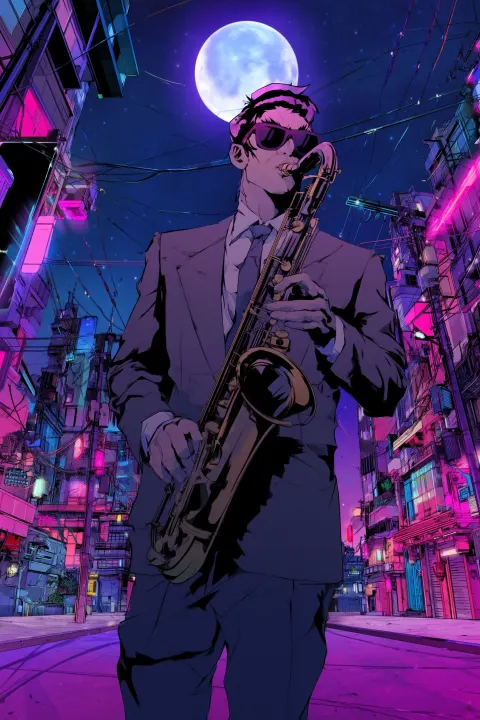 Jazz saxophone player, Bruce Lee hairstyle, formal wear, sunglasses