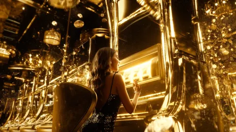 Ultra-realistic cinematic luxury casino hall, glamorous elegant woman winning at a premium slot mach