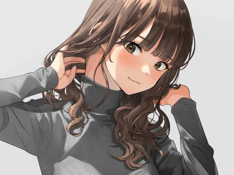 A woman wearing gray skinny body dress with turtle neck with brown wavy hair