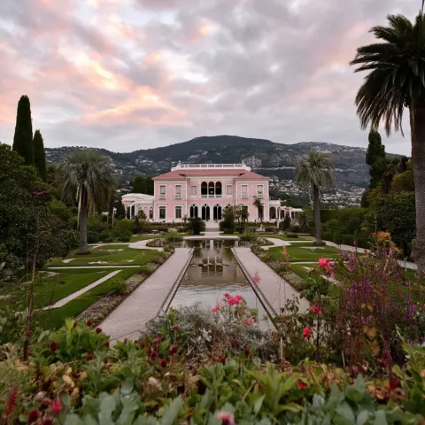 A spanish palace where royalty lives, manicured gardens. no people